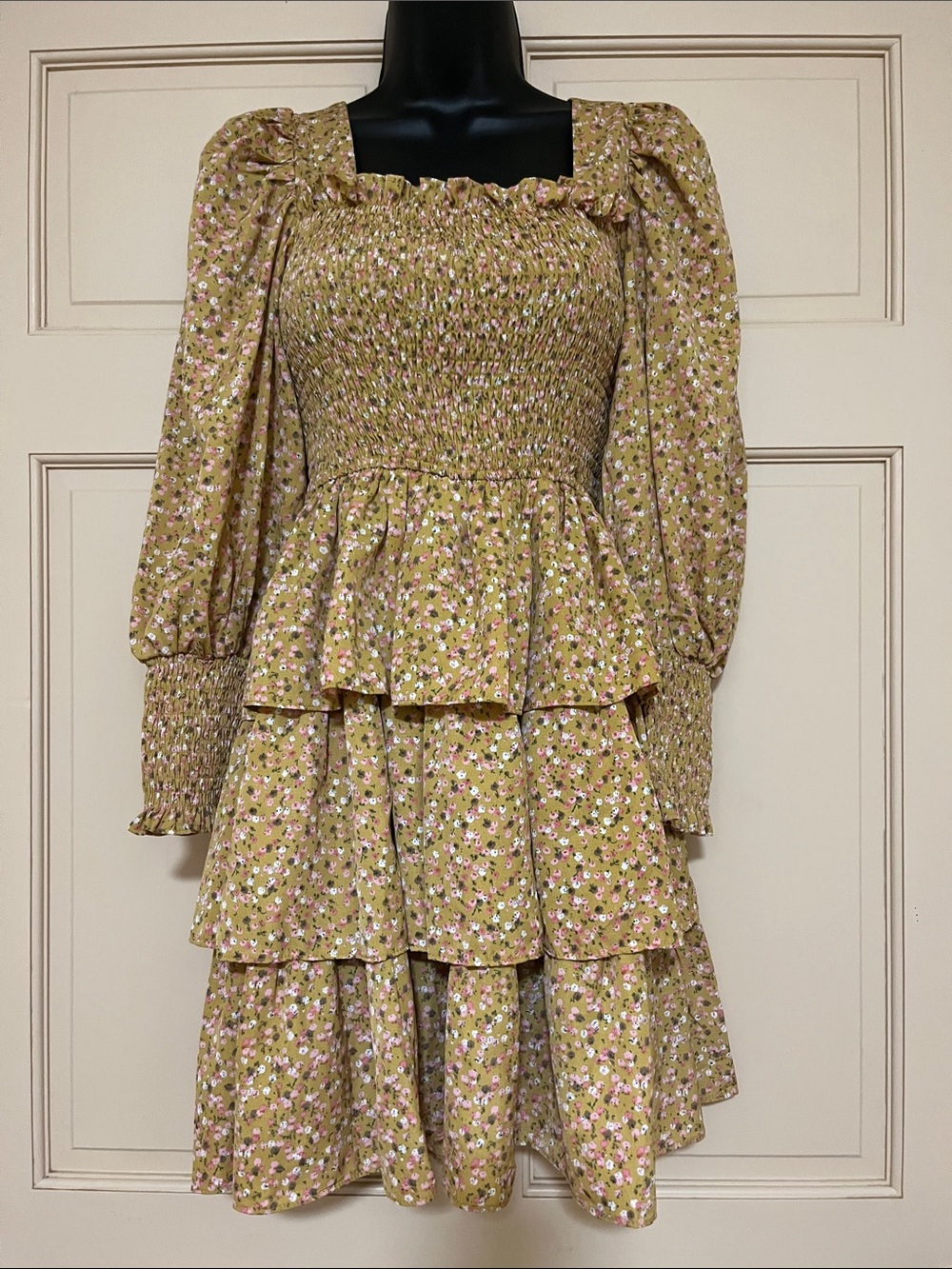 Smocked Tiered Floral Midi Dress in mustard yellow and pink